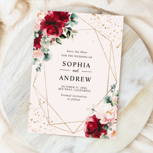 Rote Rose und Gold Aquarellblumen Save the Date Einladung