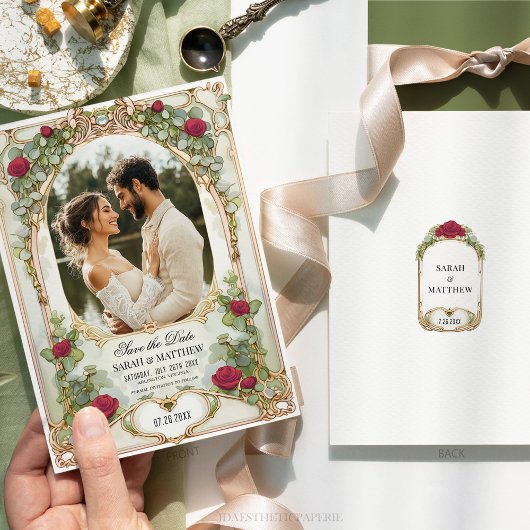 Rote Rose und Gold Save the Date mit Foto Einladung