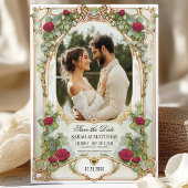 Rote Rose und Gold Save the Date mit Foto Einladung