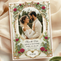 Rote Rose und Gold Save the Date mit Foto