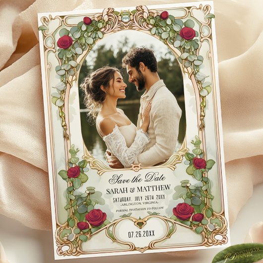 Rote Rose und Gold Save the Date mit Foto Einladung