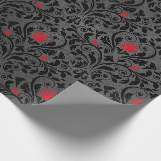 Rote Rose und Schwarz-Damast Geschenkpapier (Ecke)