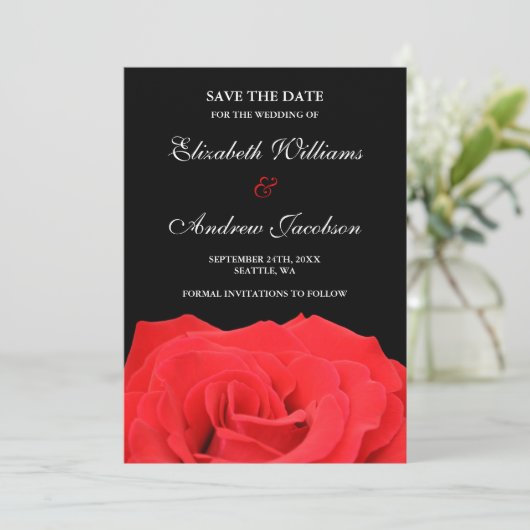 Rote Rose und Schwarze Hochzeit speichern das Datu Save The Date (Stehend Vorderseite)