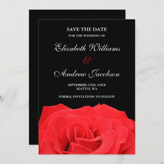 Rote Rose und Schwarze Hochzeit speichern das Datu Save The Date (Vorne/Hinten)