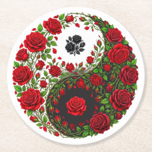 Rote Rose und schwarze Rose Yin Yang Runder Pappuntersetzer