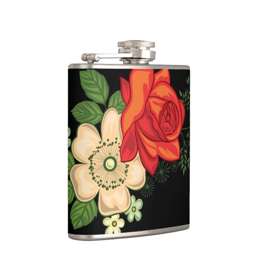 Rote Rose und schwarzer Hintergrund Flachmann (Rechts)