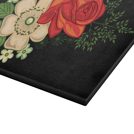 Rote Rose und schwarzer Hintergrund Schneidebrett (Ecke)