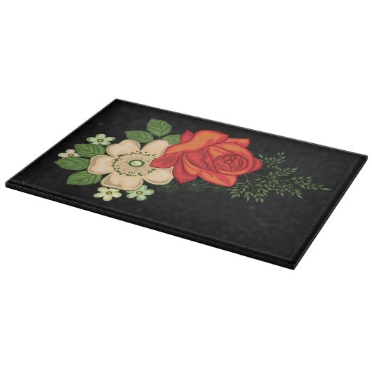 Rote Rose und schwarzer Hintergrund Schneidebrett (Ecke)