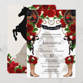Rote Rose und Schwarzer Western Charra Quinceanera Einladung