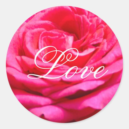 Rote Rose und Text mit weißer LIEBE Runder Aufkleber (Vorderseite)