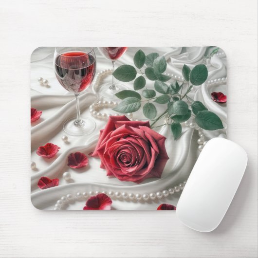Rote Rose und Wein auf weißem Satin Mousepad (Mit Mouse)