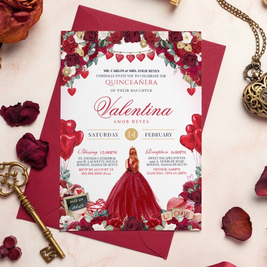 Rote Rose Valentines Geburtstagsparty Quinceanera Einladung