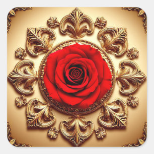 Rote Rose Verzierte Rahmen 🌹 Vintage Florale Eleg Quadratischer Aufkleber