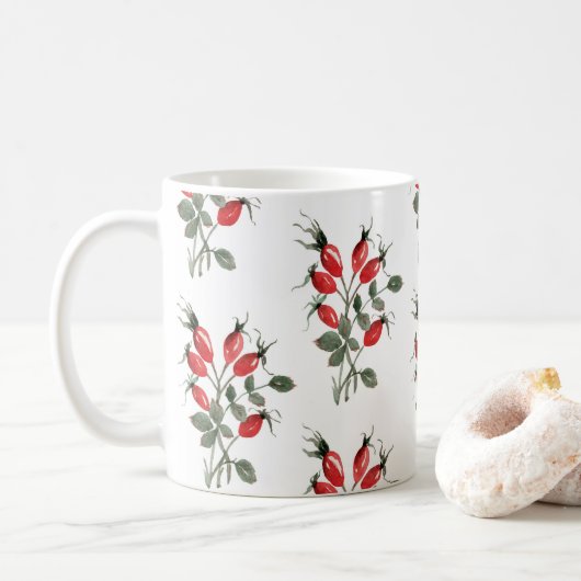 Rote Rose Wasserfarbe Hüfte Berries Muster Kaffeetasse (Mit Donut)