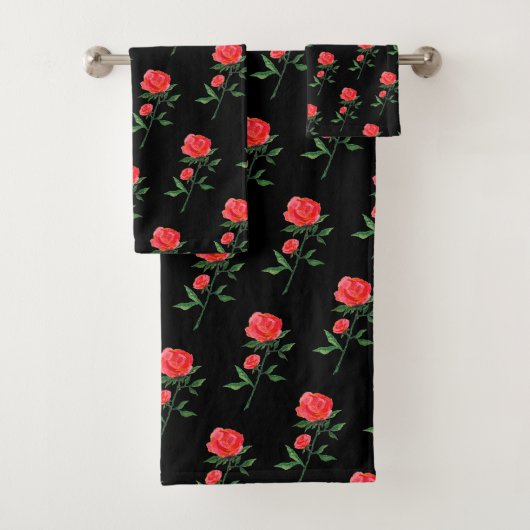 Rote Rose Wasserfarbe Schwarz Badhandtuch Set (Insitu)