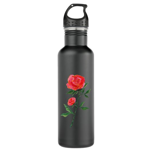Rote Rose Wasserfarbe Schwarz Edelstahlflasche (Vorderseite)