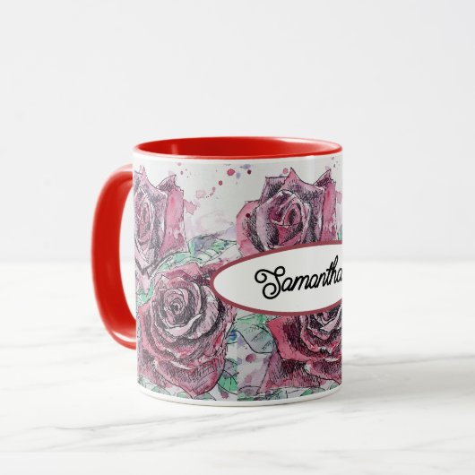 Rote Rose Wasserfarbene Blume Blumenbemalung Tasse (Vorderseite Links)