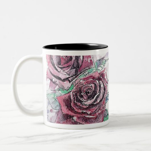Rote Rose Wasserfarbene Blume Blumenbemalung Zweifarbige Tasse (Links)