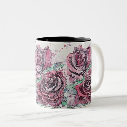Rote Rose Wasserfarbene Blume Blumenbemalung Zweifarbige Tasse (VorderseiteRechts)