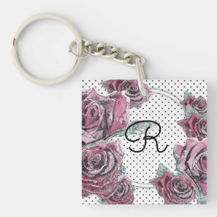 Rote Rose Watercolor dot Womans Initial Keyring Schlüsselanhänger