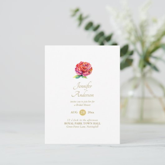 Rote Rose Watercolor Gold Brautparty Postkarte (Stehend Vorderseite)