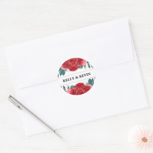 Rote Rose Watercolor Hochzeit Runder Aufkleber