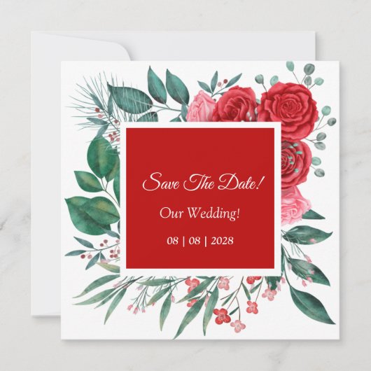 Rote Rose Watercolor Hochzeit Save The Date (Vorderseite)