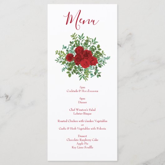 Rote Rose Wedding Elegant Classic Menükarte (Vorderseite)