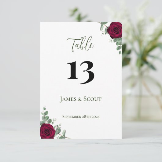 Rote Rose Wedding Tischnummer (Stehend Vorderseite)