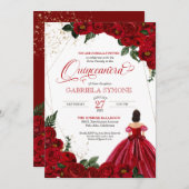 Rote Rose Weiß und Gold Elegantes Gown Quinceanera Einladung (Vorne/Hinten)