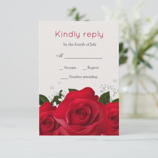 Rote Rose, weiße Blume Hochzeit RSVP (Stehend Vorderseite)