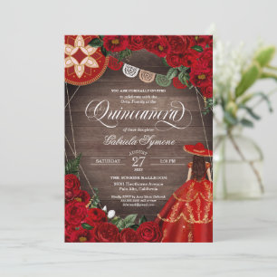 Rote Rose Western Charra Mariachi Quinceañera Dres Einladung