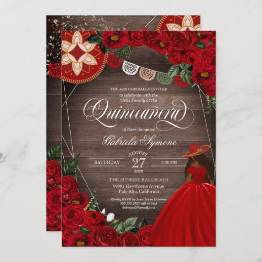 Rote Rose Western Charra Mariachi Quinceañera Einladung (Vorne/Hinten)