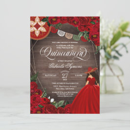 Rote Rose Western Charra Mariachi Quinceañera Invi Einladung