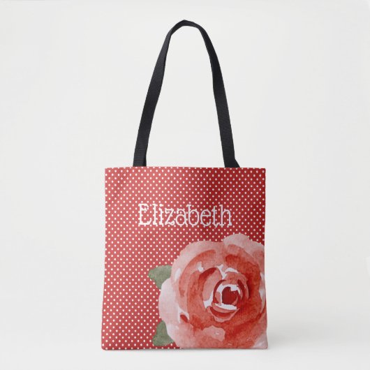 Rote Rose zu Rot-Weiß-Polka-Punkten Tasche (Vorderseite)