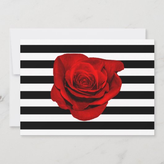 Rote Rose zum Probe Schwarz/Weiß Streifen Einladung (Rückseite)