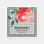Rote Rose zum Schwarz-Weiß-Gingham-Brautparty Serviette (Vorderseite)