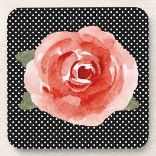 Rote Rose zum Schwarz-Weiß-Polka-Dot Getränkeuntersetzer