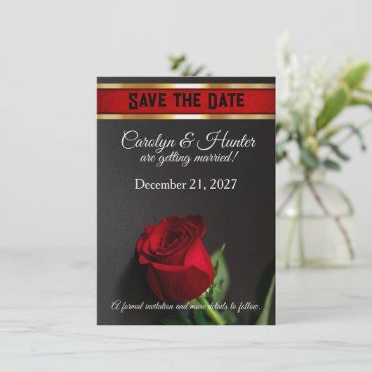Rote Rose zur Schwarzen Hochzeit Save The Date (Stehend Vorderseite)