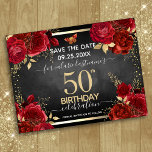 Rote Rosen 50. Geburtstag Save the Date Postkarte<br><div class="desc">Rote Rosen,  Imitate Goldfolie Blätter,  winzige Rot-und Goldschmetterling. Elegantes Blumendesign für jedes Jahr Geburtstagsfeier. Einfach mit Vorlage personalisieren. Schönes,  Save the Date Geburtstagsgeschmacksmuster.</div>