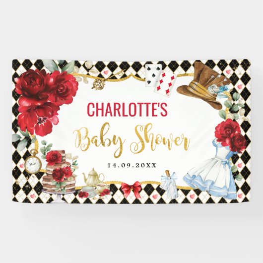 Rote Rosen Alice im Wunderland Babydusche Hintergr Banner (Horizontal)