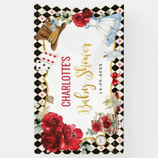 Rote Rosen Alice im Wunderland Babydusche Hintergr Banner (Vertikal)