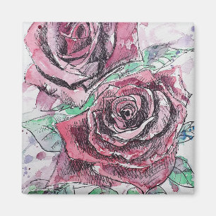Rote Rosen-Aquarell-Blumen-Blumenmalerei Magnet