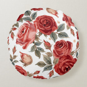 Rote Rosen Aquarell Blumen Botanisch Gemalt Rundes Kissen