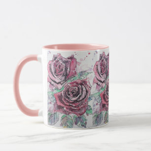 Rote Rosen-Aquarell- und Tintenrosen-Malerei-Tasse Tasse