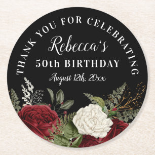 Rote Rosen auf Black 50. Geburtstag Vielen Dank fü Runder Pappuntersetzer