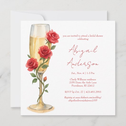 Rote Rosen auf dem Champagne Square Brautparty Einladung (Vorderseite)