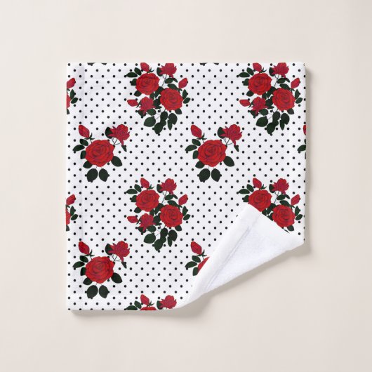 Rote Rosen auf einem Polka Punkt Hintergrund. Bade Badhandtuch Set (Waschlappen)