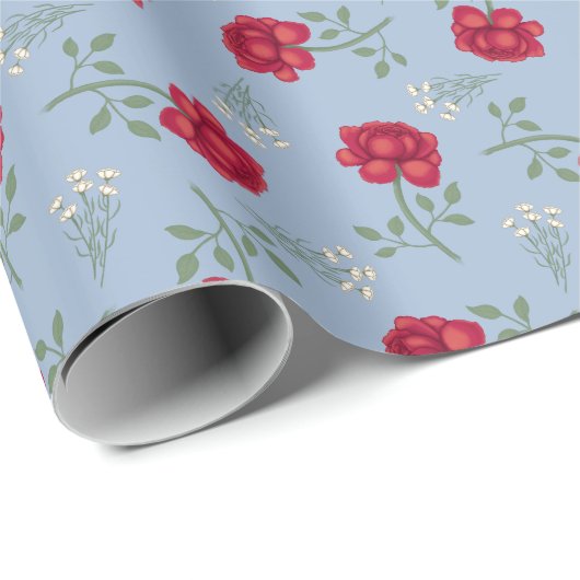 Rote Rosen auf Light Blue Oversized Calico Geschenkpapier (Rolleneckpunkt)