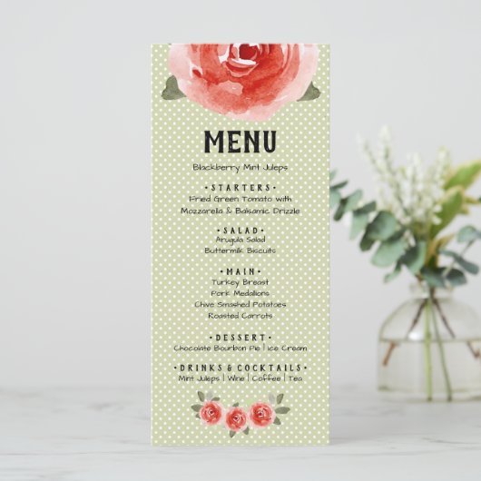 Rote Rosen auf Limonen und weißen Punktekarten Menükarte (Stehend Vorderseite)